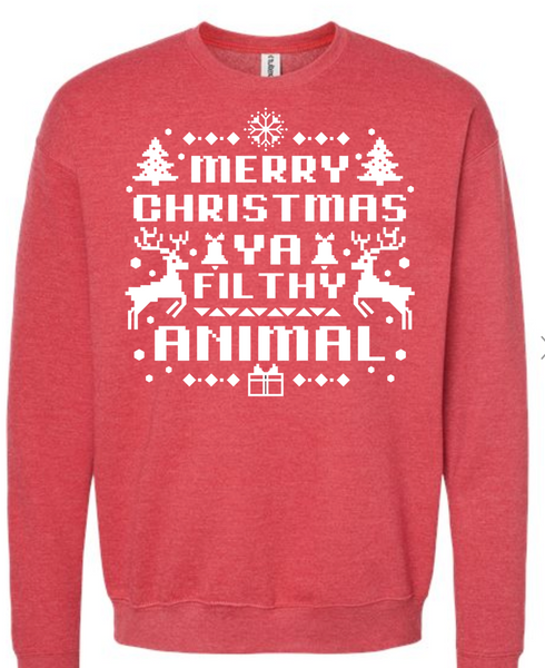 Merrry Christmas Ya Filthy Animal Soft Red Heather Crew Sweatshirt